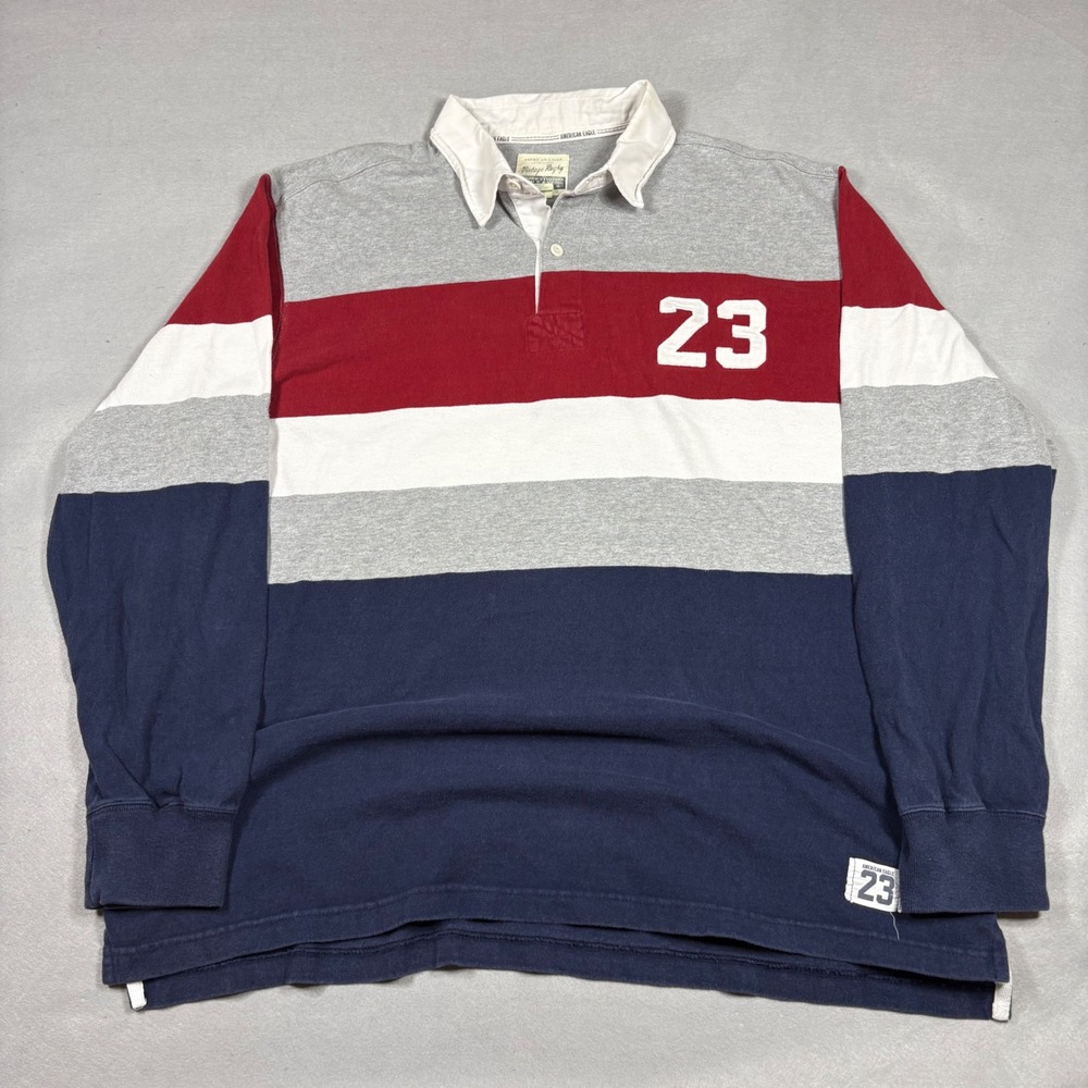 American Eagle Vintage Rugby Shirt Mens XL Long Sleeve Colorblock Stripe 23 Red
